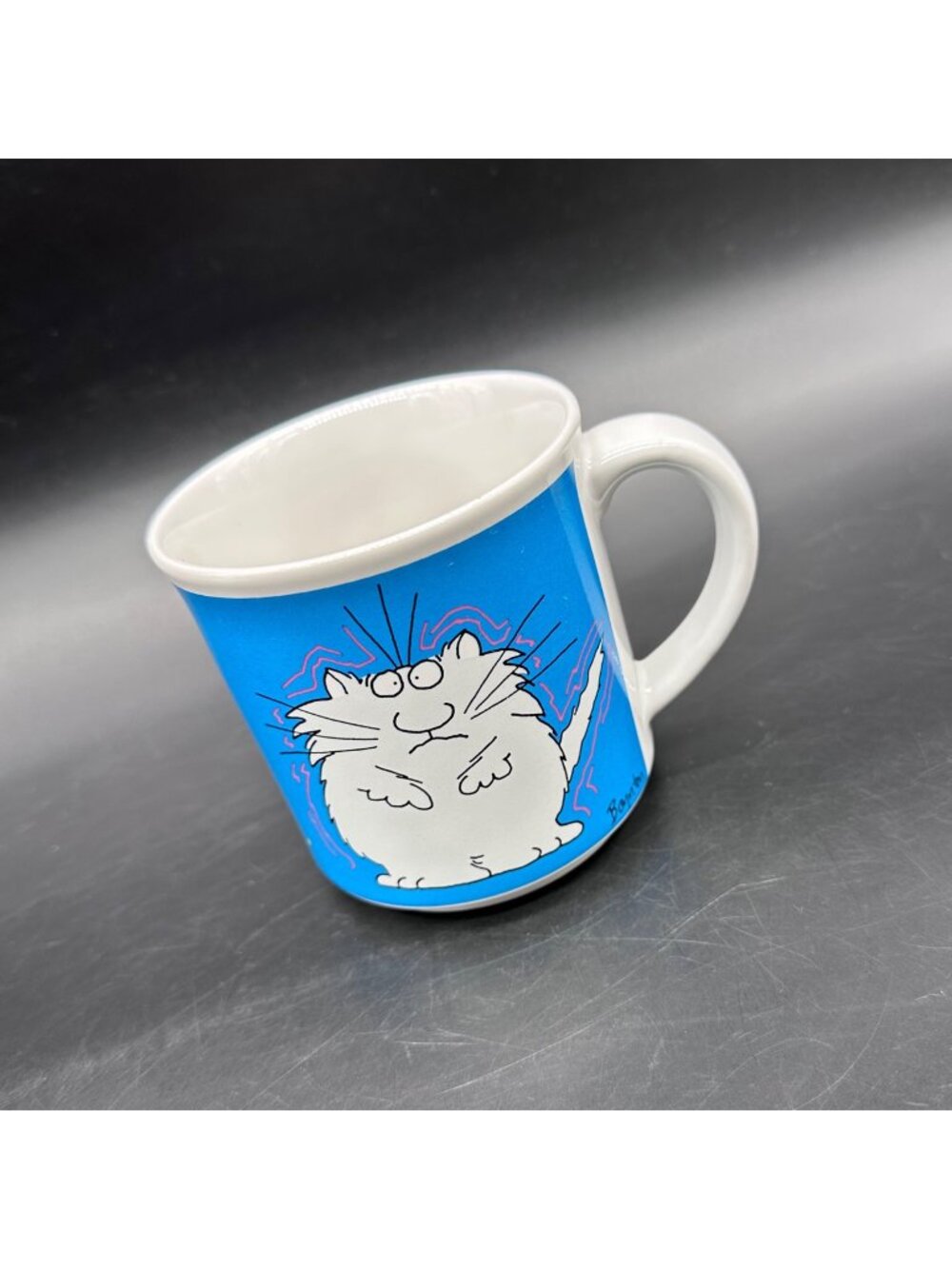 Vintage Stressed Cat Mug Boynton Please Hassle Me Japan 1980s White Blue Kitschy